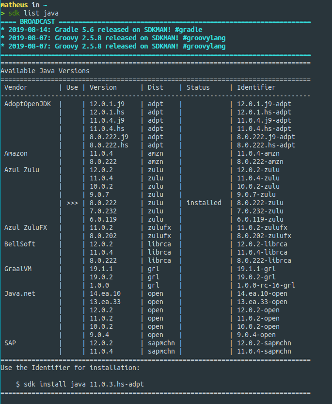 Lista dos Javas disponíveis do SDKMAN